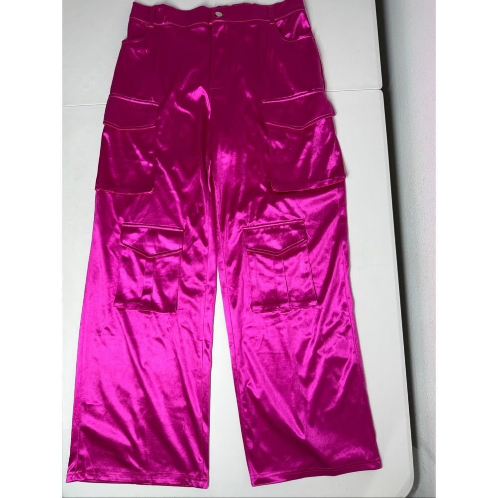 Boutique Brand Hot Pink Satin Cargo Pants Wide Leg Statement Trousers Sz XL - Picture 6 of 15